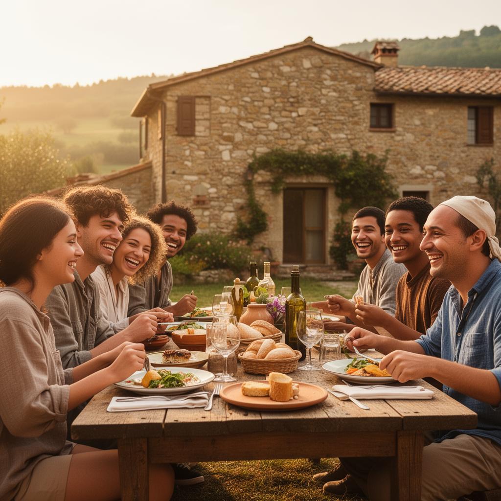 Viaggiatori e locali che condividono un pasto insieme